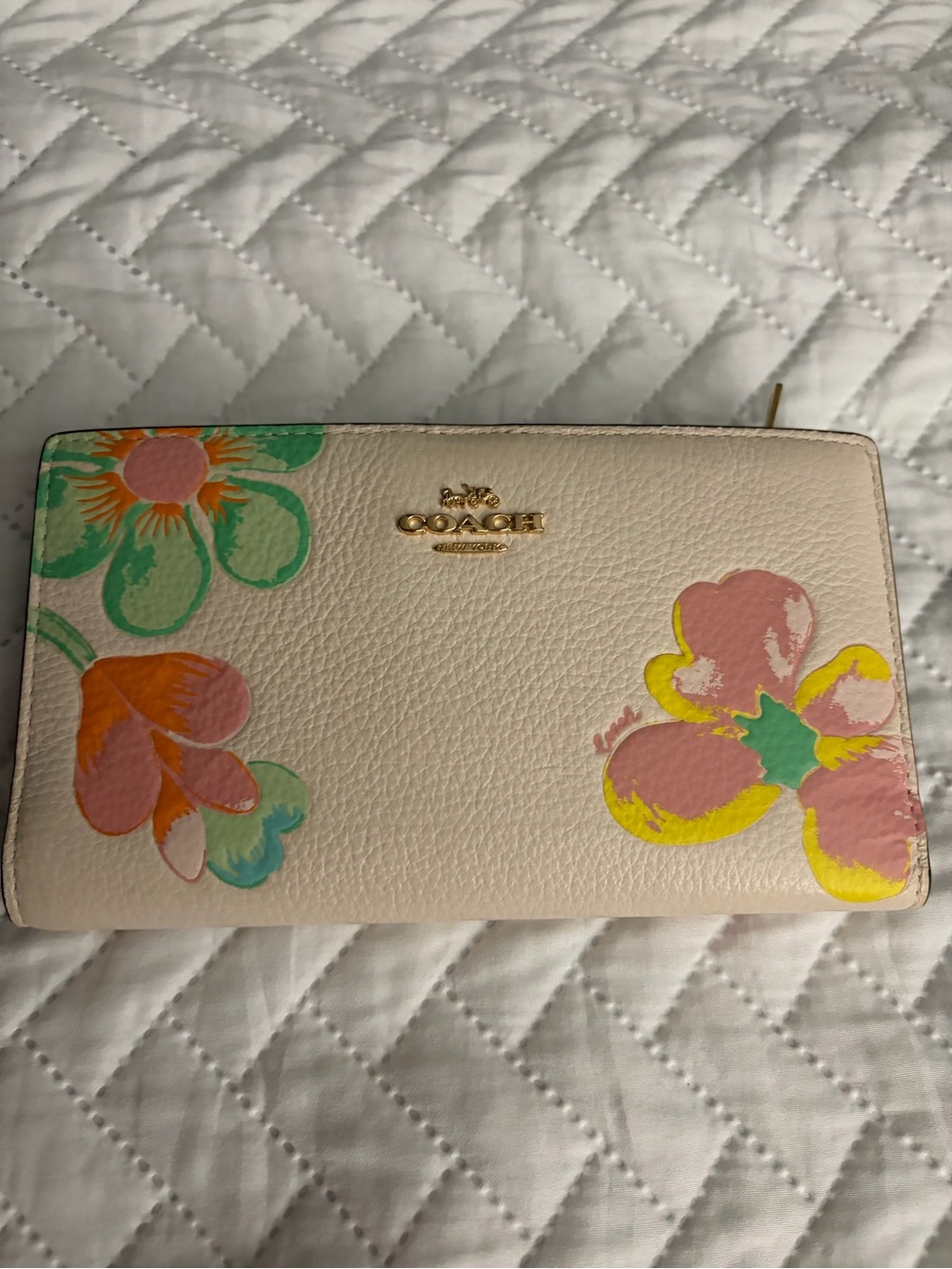 Coach Cream Leather Zip Wallet with Multicolor Floral Print